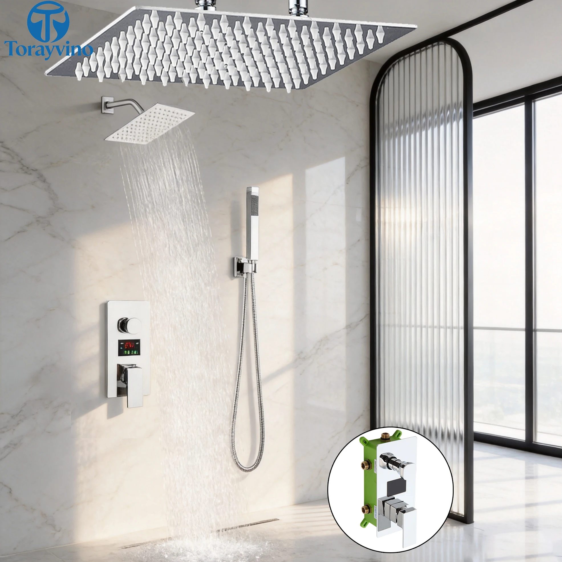 Torayvino 20Inch Luxury Bathroom Shower Faucet System Set Outdoor 3-Functions Rainfall Shower Bath kit Bathtub Spout Mixer Taps
