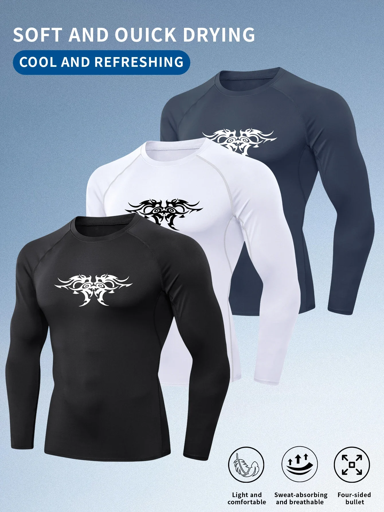 

3PCS - 2d printed, men's tight-fitting shirt, spring and autumn long-sleeved T-shirt, quick-drying fitness sportswear