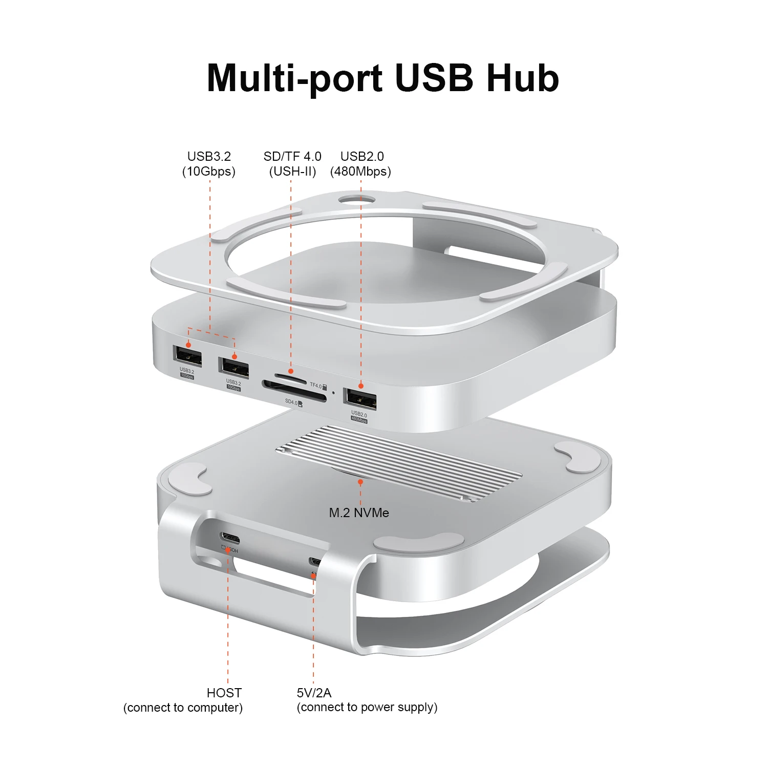 Qwiizlab Aluminum Stand Hub with NVMe SSD Enclosure for Mac mini M4/M4 Pro 2024, Card Readers 312MB/s, 2x USB-A 10Gbps, USB 2.0