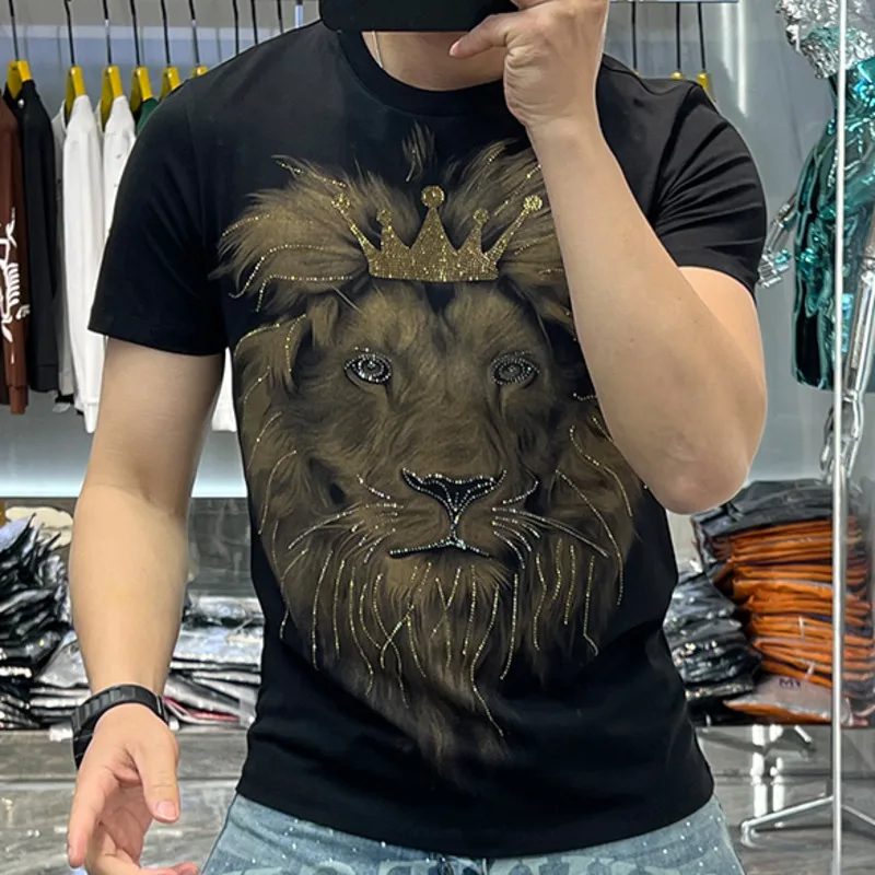 

Summer New Fashion Short Sleeve Men's Casual Round Neck Lion Print Hot Diamond Slim Fit T-shirt Men's Versatile Poleras Hombre