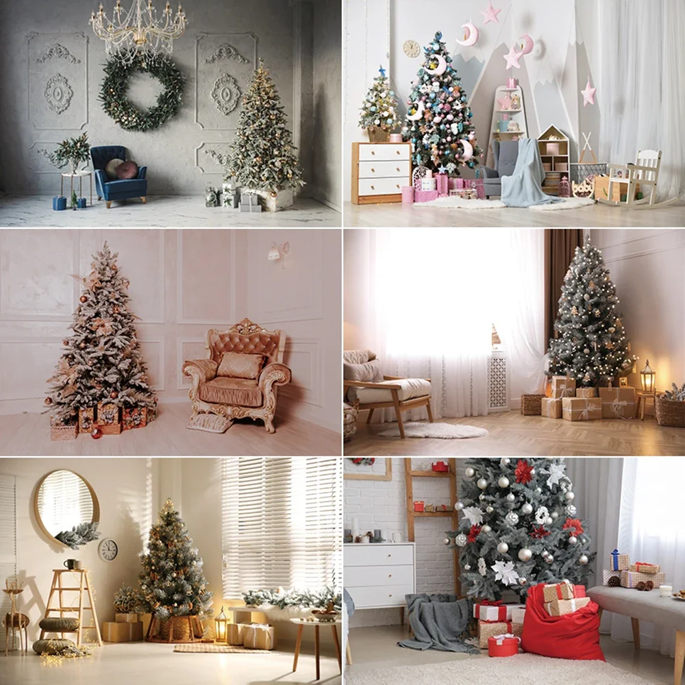 

MOON.QG Snowy Christmas Backdrop Photography Xmas Trees Gifts Sofa Photozone Background Children Studio Photocall Accessories