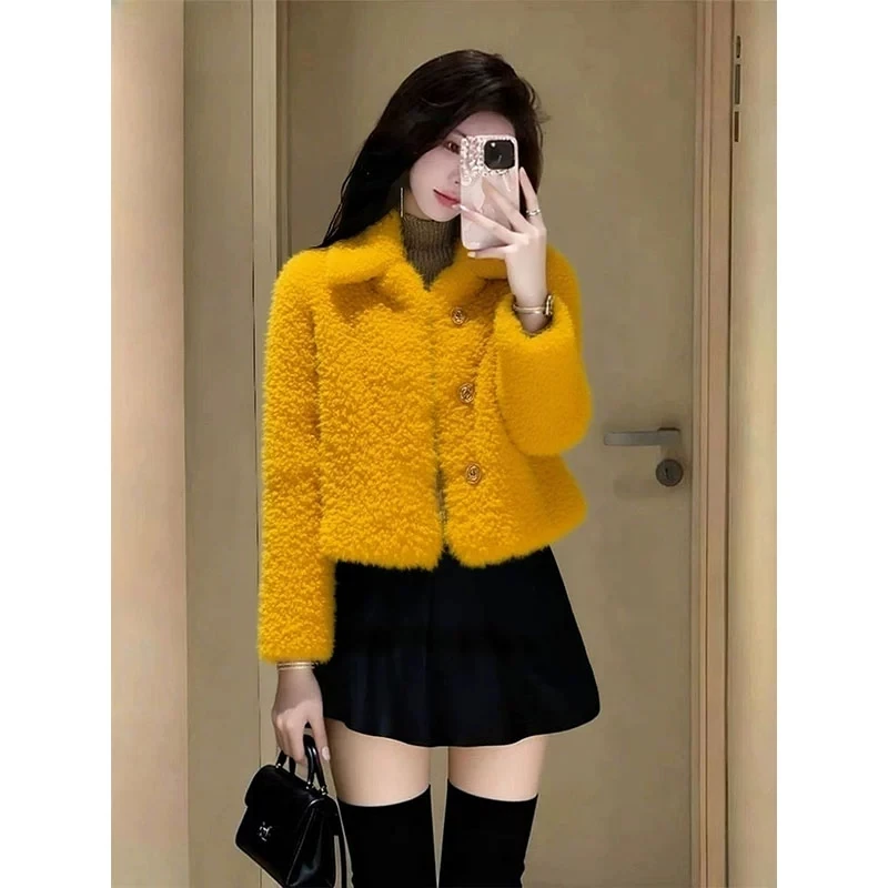 Women's Orange Plush Jacket Winter 2026 Elegant Short Chic Y2K Slim Fit Long-Sleeved Casual Outwear Warm Thick Fur Coat