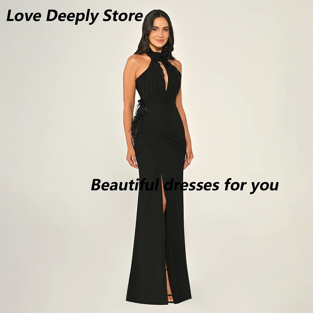 

Black Women's Prom Dress High Bead Appliqued Jersey Floor Length Prom Gowns Back Thigh Slit Mermaid Party Dresses Customized