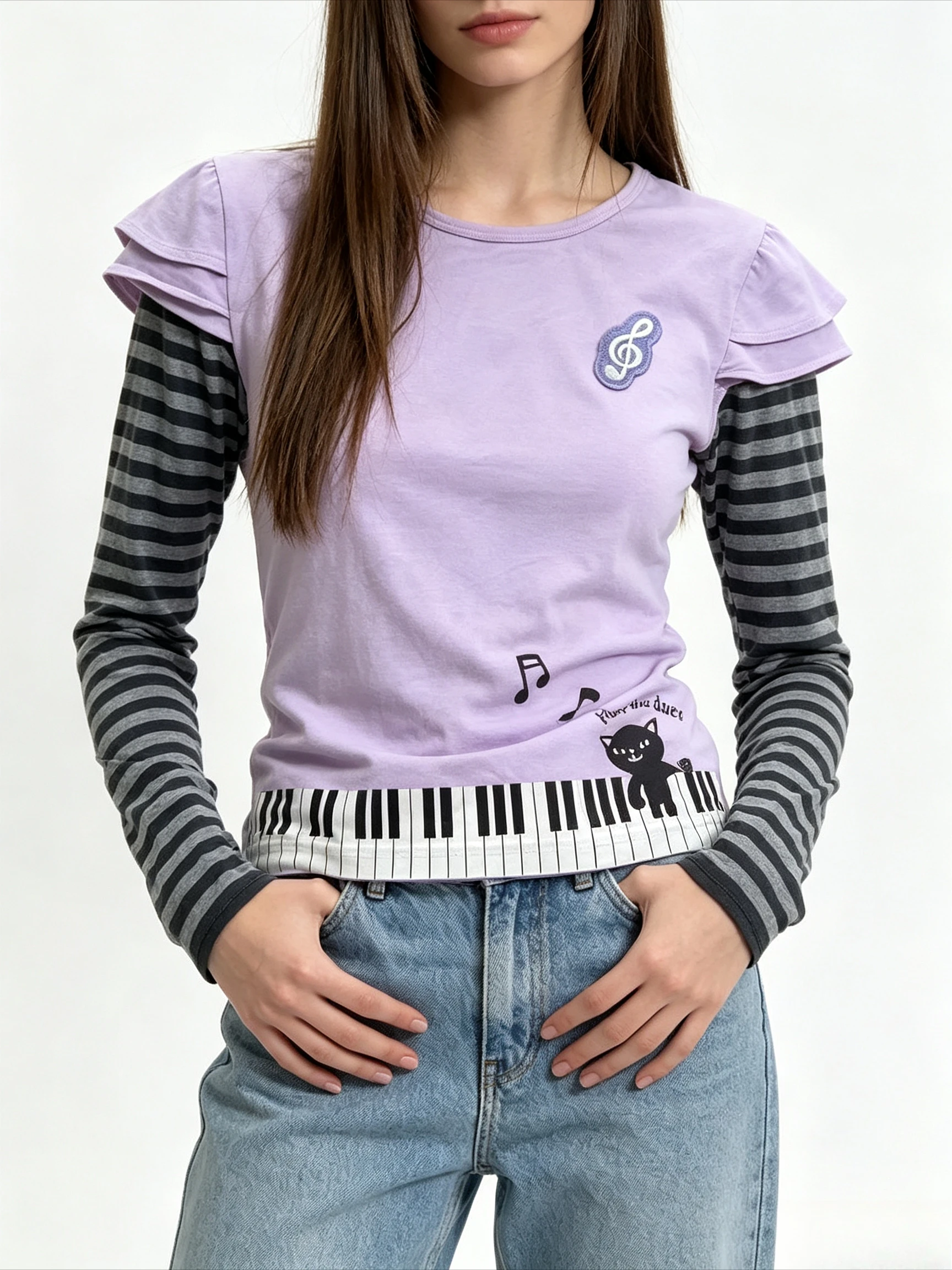 Striped Sleeve Layered Look Long Sleeve Shirt Round Neck Cat And Piano Keyboard Graphic Music Theme Cute Daily Top