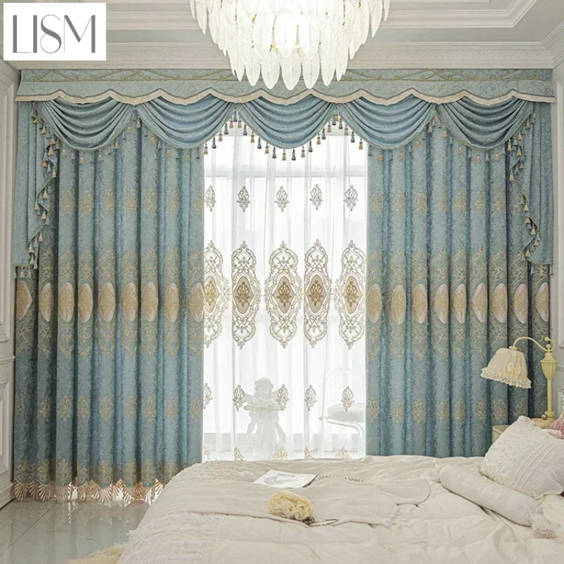 European Luxury Chenille Embroidered Curtains For Living Room Bedroom Dining Blackout Blue Valance Decor Custom White Tulle Sale