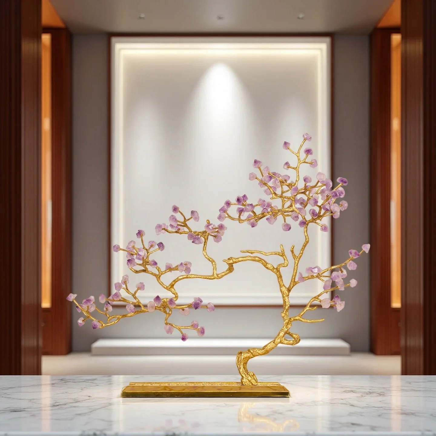 2026 Unique Chinese Light Luxury Brass Jewelry Crystal Branches Leave Lucky Tree For Family Hotel Entrance Living Room