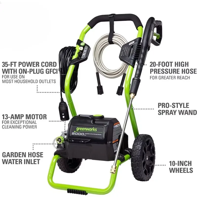 Greenworks 2000 PSI (13 Amp) Electric Pressure Washer (Wheels For Transport / 20 FT Hose / 35 FT Power Cord)