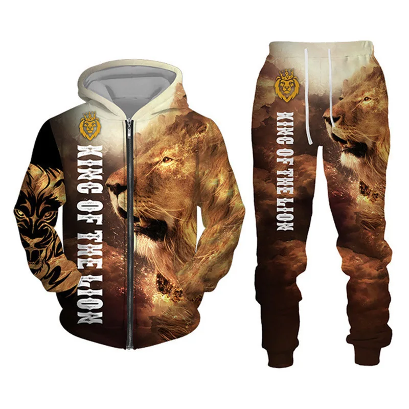 Herren Reißverschluss-Hoodie Trainingsanzug mit 3D-Grafikdruck Löwenkönig Langarm-Sweatshirt Jogginghose Locker Sitzend Herbst Winter Hip-Hop Alltagskleidung – Detail 14