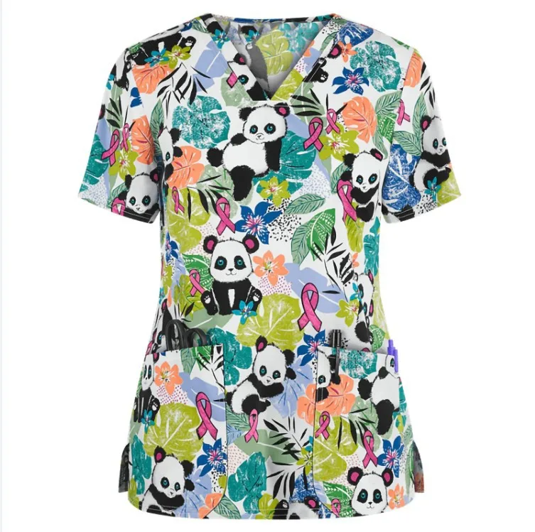Women's Cute Animal Print V Neck Surgical Gown Top with Pockets Polyester Knit Fabric Regular Length Spring Summer Nurse Uniform