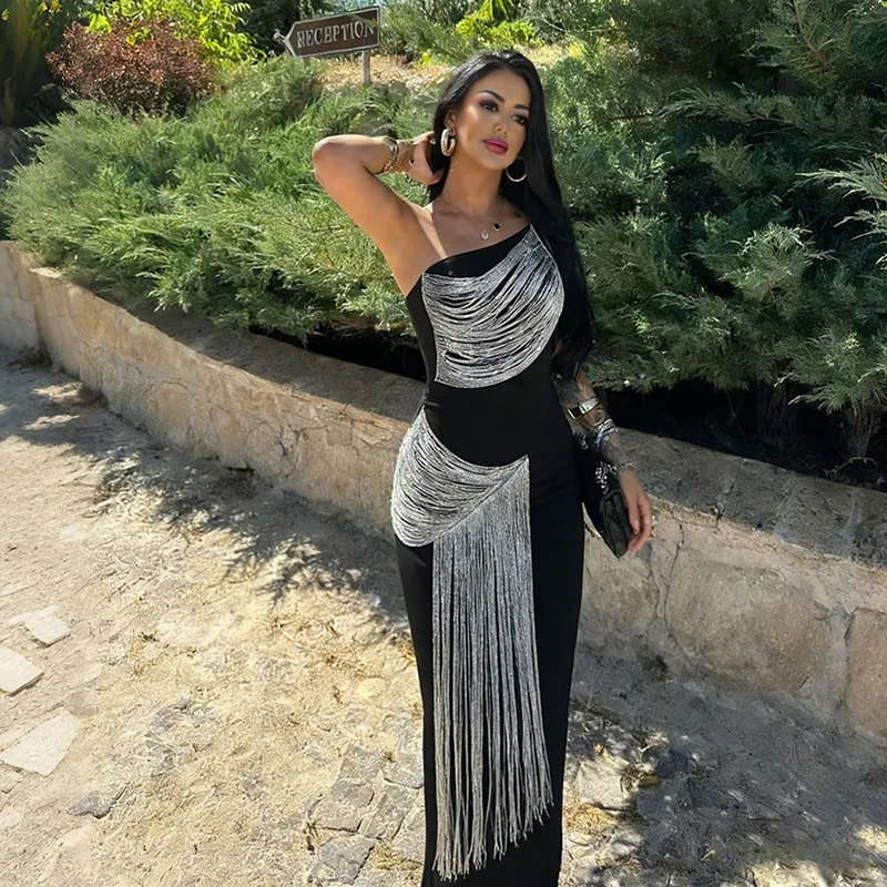 

Элегантное женское облегающее макси-платье с бахромой и пэчворком, на одно плечо, без рукавов, с открытой спиной, для дня рождения, выпускного или вечеринки