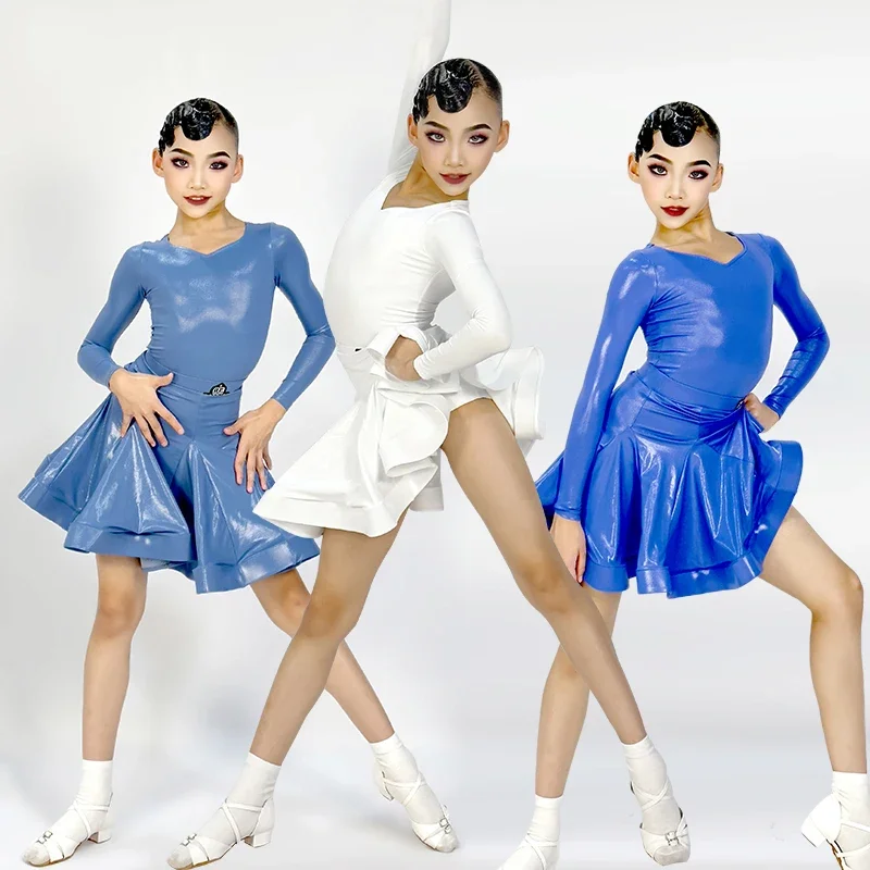 Helles Leder Langarm Latin Dance Kleid Kinder Ballroom Dance Performance Kleidung Mädchen Party Kleider