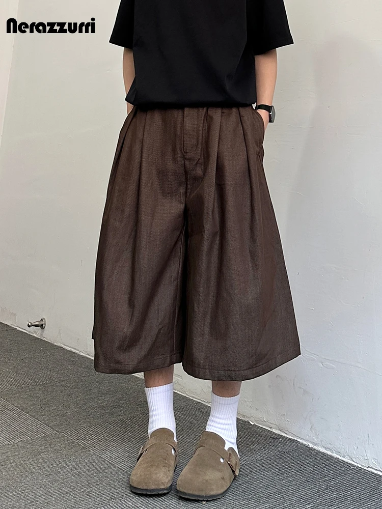Nerazzurri Spring Summer Baggy Brown Wide Leg Calf-Length Pants for Men Elastic Waist Luxury Loose Casual Menswear Clothing 2026