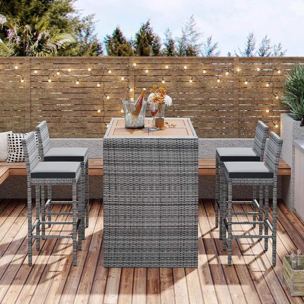 

5-Piece Outdoor Patio Wicker Bar Set High Top Table with 4 Chairs Removable Backyard Furniture for Entertaining