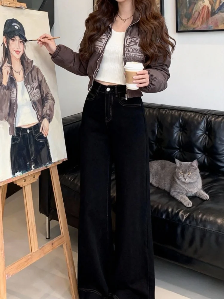 جينز Bla Fce مبطن بأرجل واسعة سروال نسائي شتوي للتخسيس للجسم على شكل كمثرى عالي الخصر من قماش الدنيم الأمريكي