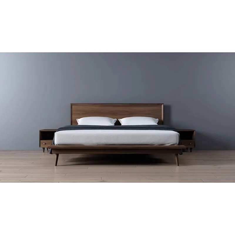 High-end pure black walnut log bed  modern simple master bedroom minimalist bed