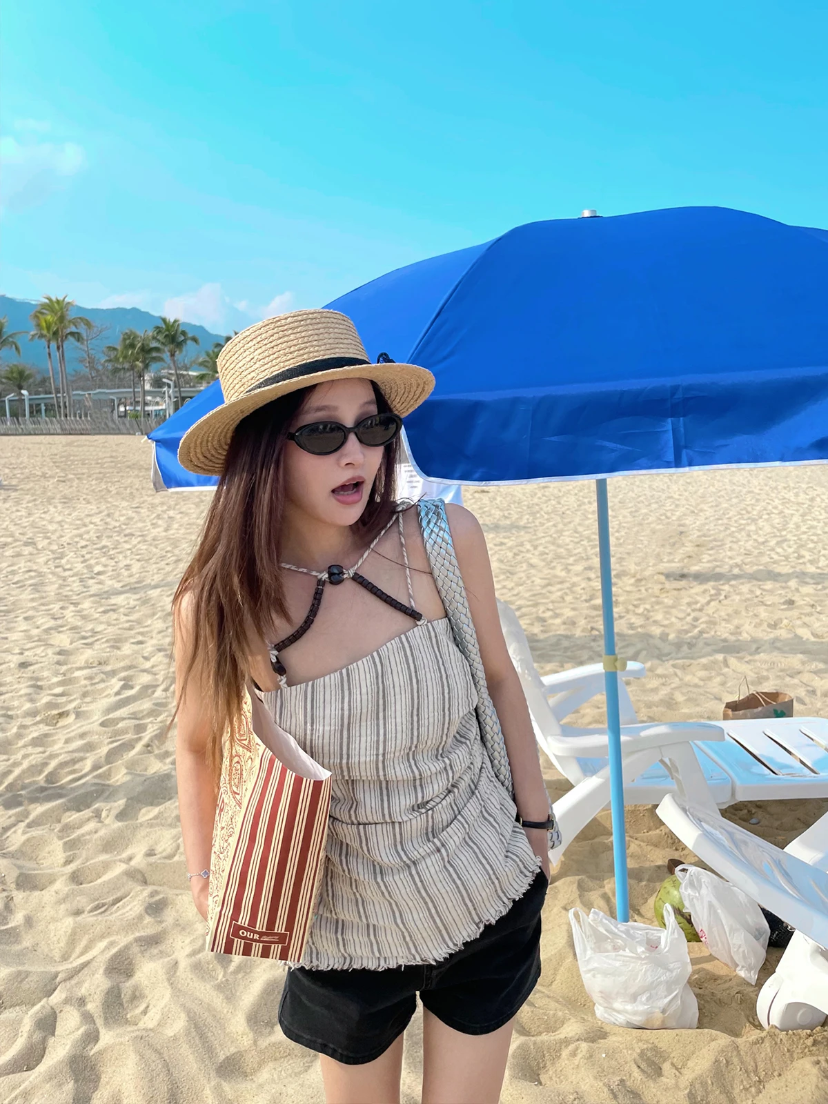 

BLUETIQUE Cotton Linen Beaded Striped Vest Top Summer Vaion Feel Loose Fit Regular Length Pure Color Commute Sle