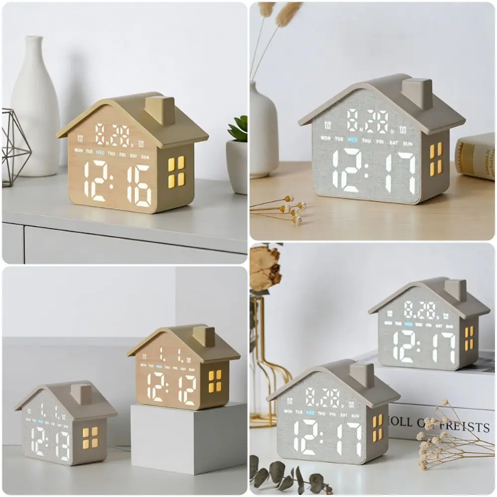 Multi-functional Alarm Clock 2 Alarms House Shaped Digital Clock Night Light 4 Adjustable Brightness Desktop Clock Livingroom
