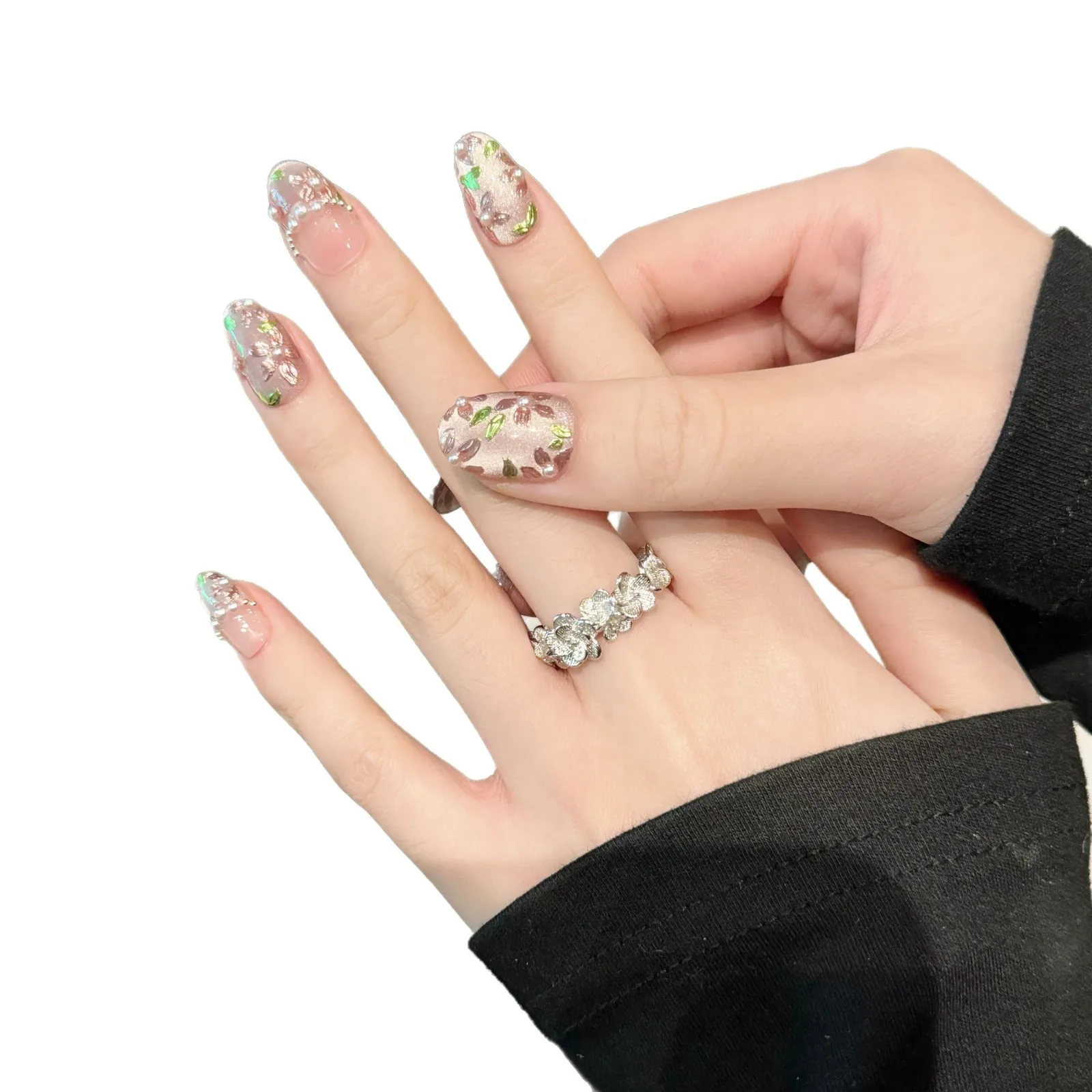 Handmade French Glass Beads Cat Eyes Press on Nails Fake Nails Wearable Spring hand-painted Pearl Flower Korean Sweet Fake Nails