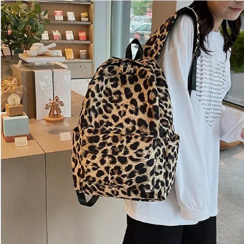 Korean New Fashion Leopard Printing Oxford Travel Backpacks Women's Double Zipper High Capacity Shoulder Bags Laptop School Bag