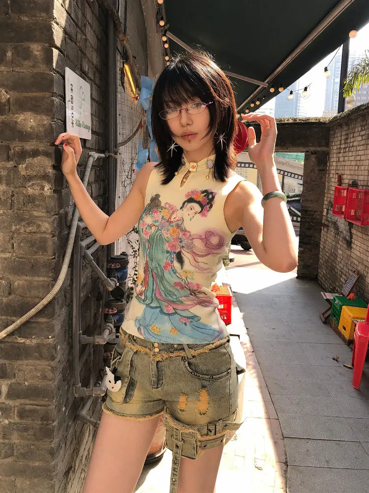Erwofeina Chinese Style Tank Top Hollow Out Skinny Vest 2000s Clothes Y2k Print Flower Fairy Woman Sleeveles Korean Fashion Tops