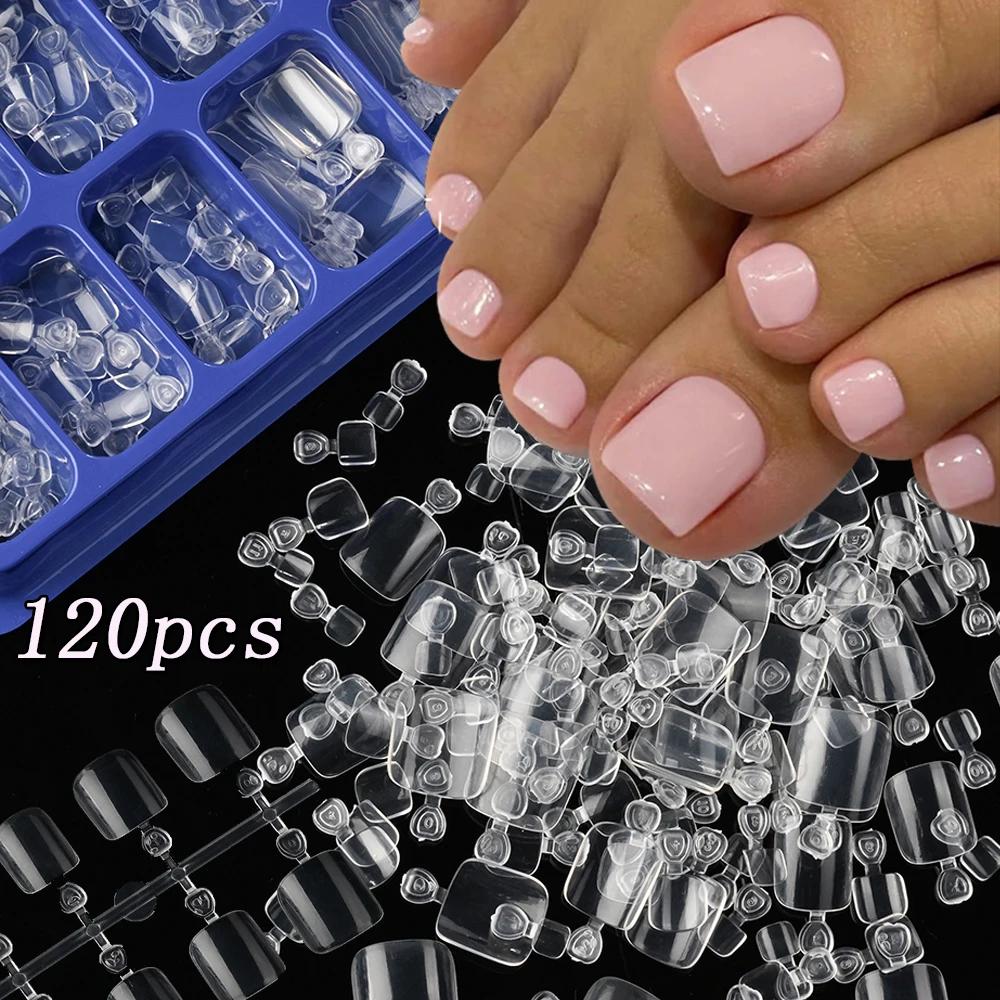 

100/120Pcs Short Square Press-On Toenails Clear Square Shape Full Cover Fake Toe Nails Pre-shaped Glossy Finished False Toenail