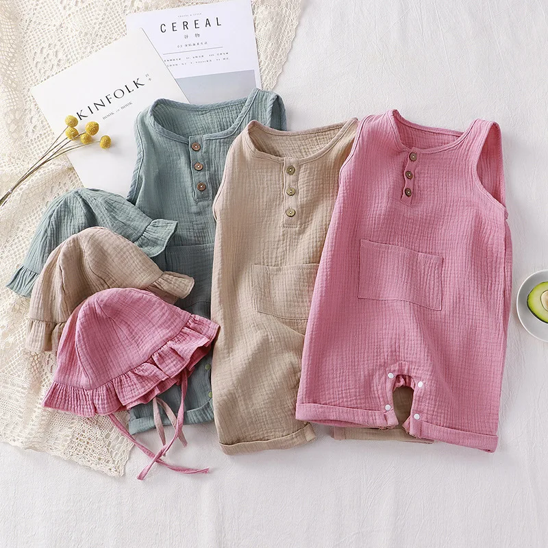 Macacão de algodão macio com chapéu, macacão sem mangas, roupa infantil, roupa recém-nascida, roupas de verão musselina, menina e menino