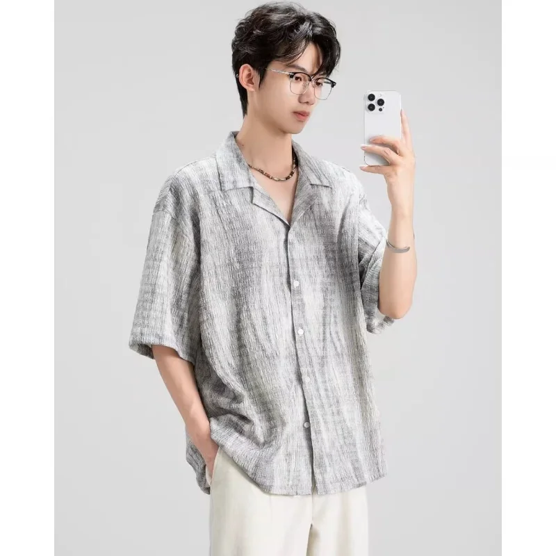 

Серая рубашка с воротником из жатого жаккарда, дышащая, устойчивая к выцветанию, повседневная, свободного кроя, мужская модная одежда