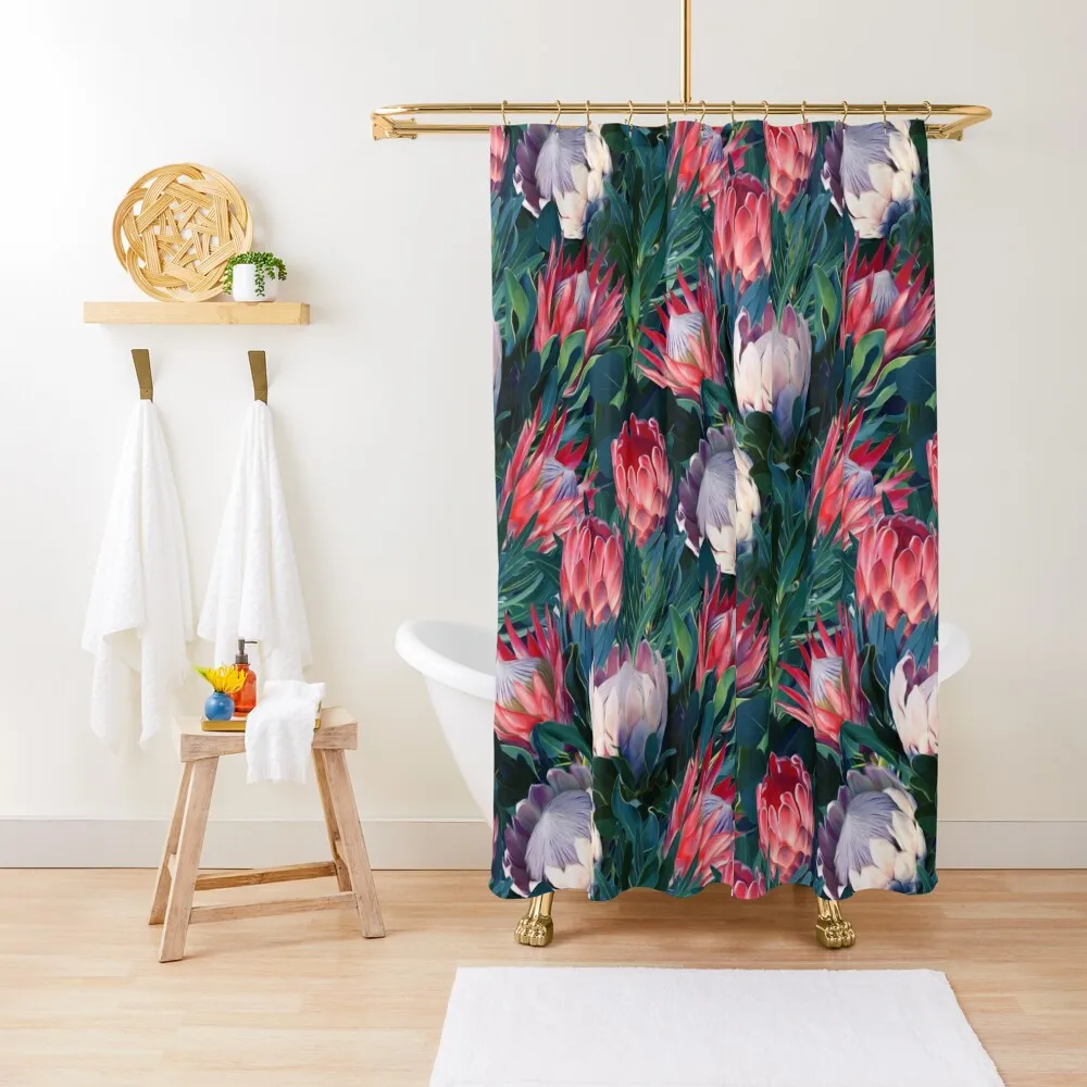 

Lush Protea Botanical with Blue Green Leaves Shower Curtain Luxury Bathroom Shower Waterproof Shower Luxury Bathroom Curtain