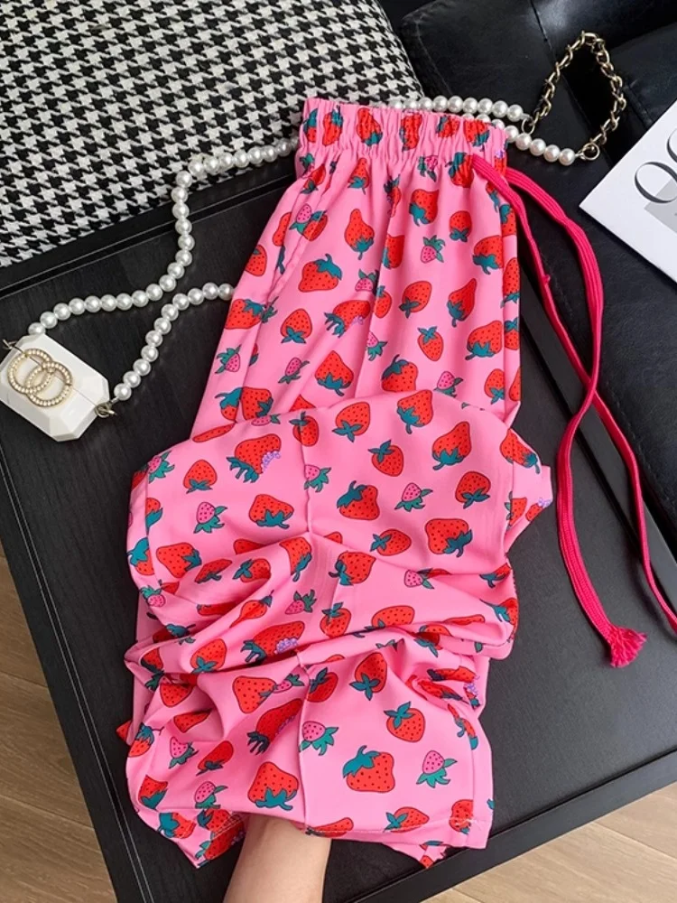 

Женские летние тонкие брюки из ледяного шелка с защитой от комаров, прямые, широкие, повседневные, с цветочным принтом, укороченные (7/8)