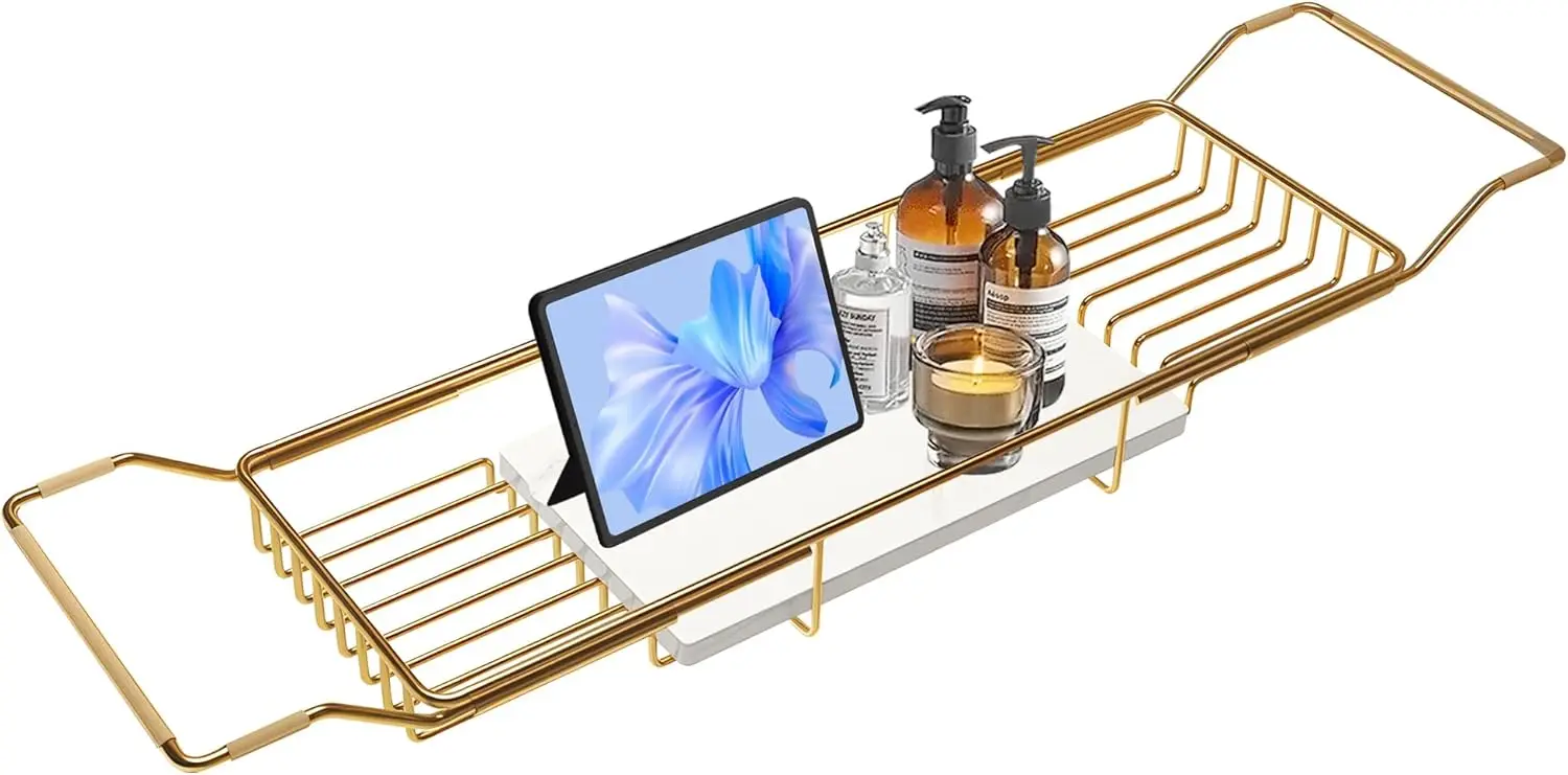

Bathtub Tray Stainless Steel with Marble Base Gold Bathtub Tray with White Marble Base Adjustable & Rustproof Bath Caddy
