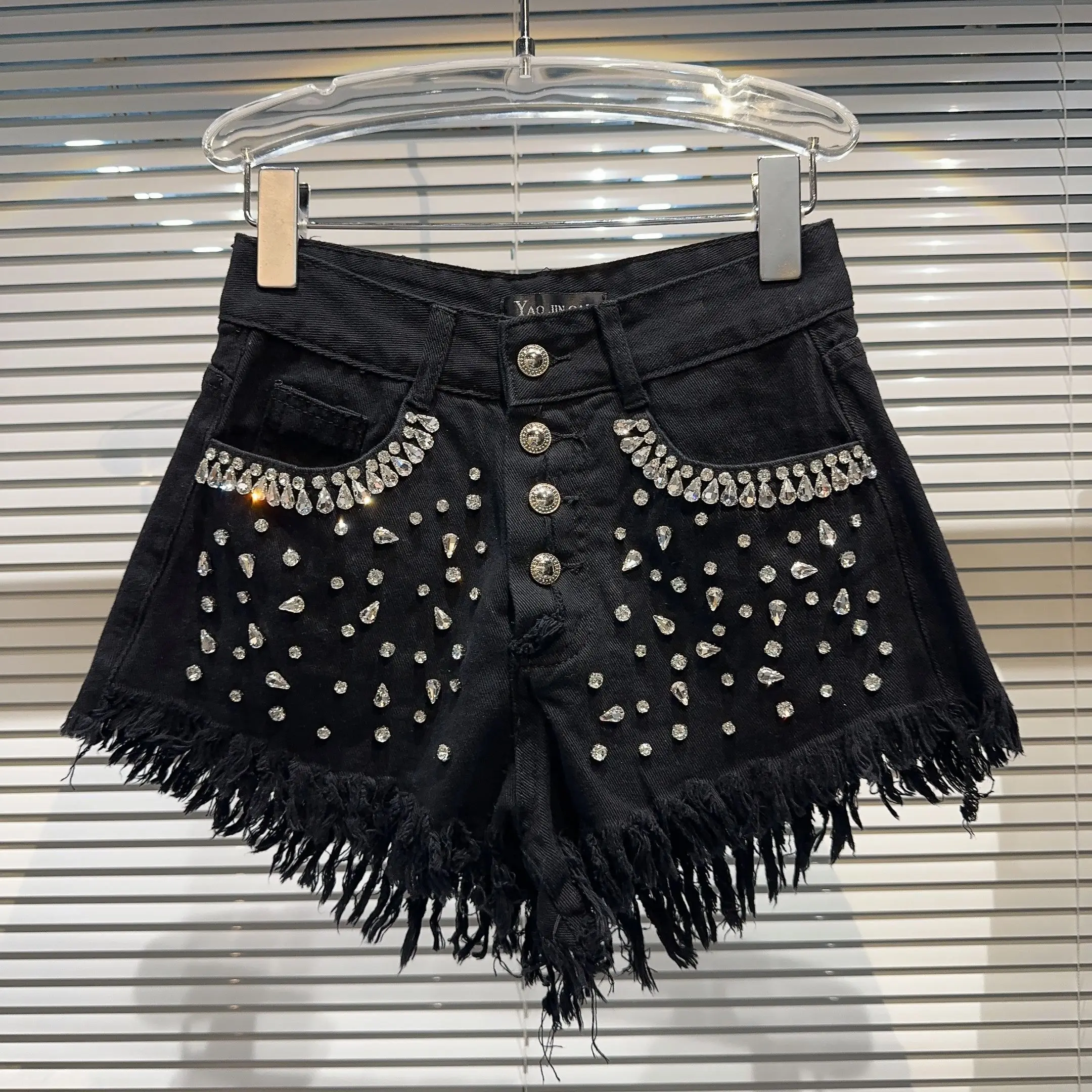 Cool Spicy Large Particle Water Diamond Bead Tassel  Three-Quarter Denim Shorts Sexy Girl Style Washed Natural Waist Jeans
