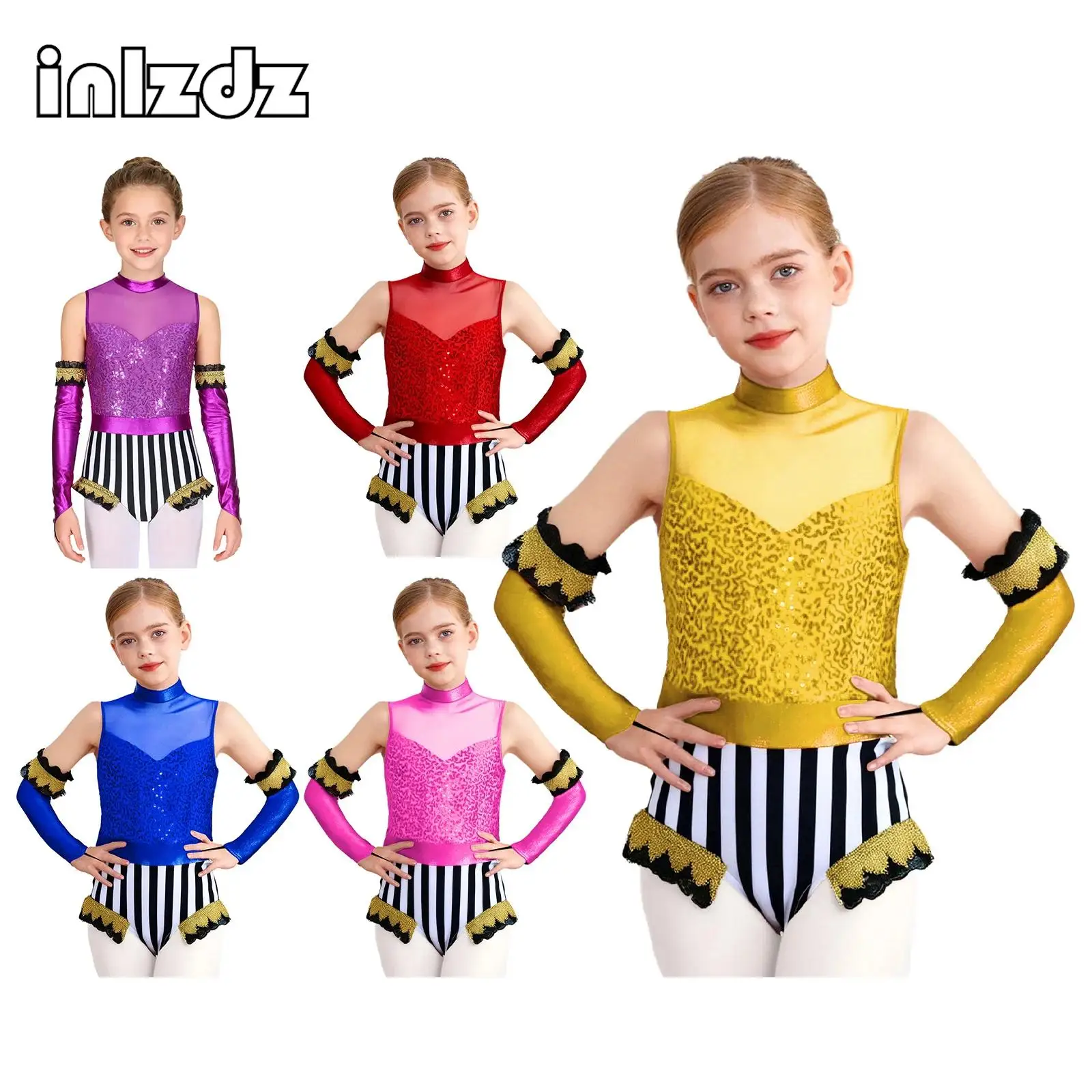

Girls 2Pcs Circus Sequins Costume Lace Gold Webbing Crotch Press Buttons Jumpsuit And Accessories for Halloween Cosplay Party