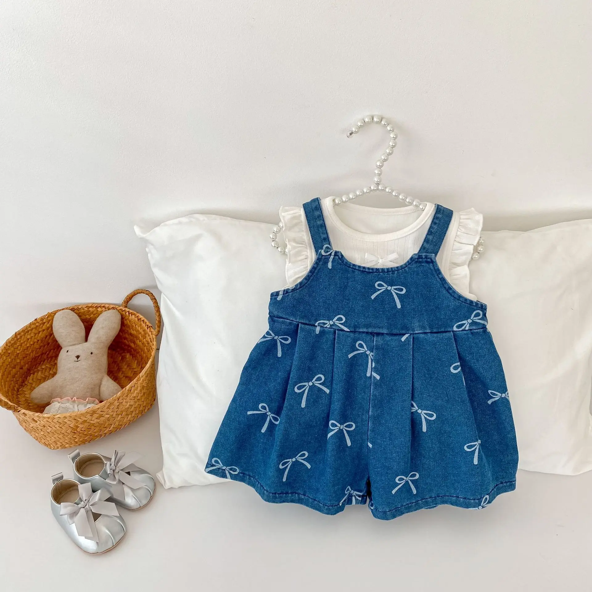 Infant Baby Girls Bow Print Denim Overall Shorts Spaghetti Strap Loose Jumpsuit Breathable Summer Casual Toddler Play Outfit