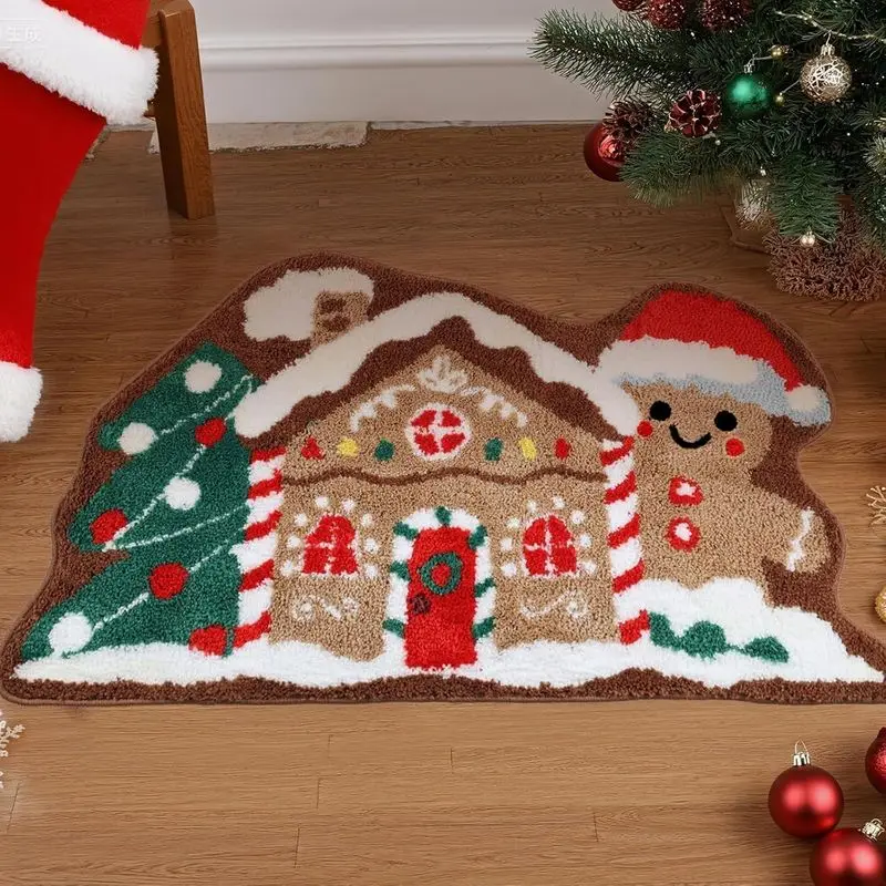 VIKAMA Gingerbread House Christmas Door Mat Cute Cookie Shape Non Slip Welcome Rug For Entryway Kitchen Bedroom Holiday Decor