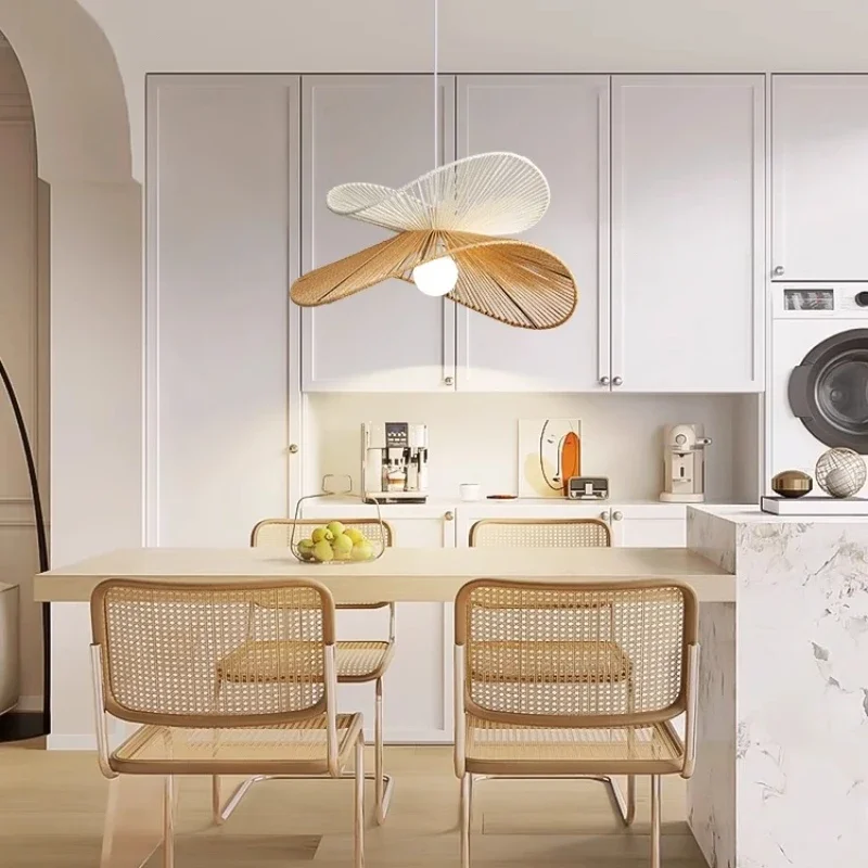 SANDYHA Modern Rattan Chandeliers LED Pendant Lights for Dining Room Kitchen E27 Ceiling Lamp Wabi Sabi Style Natural Weave