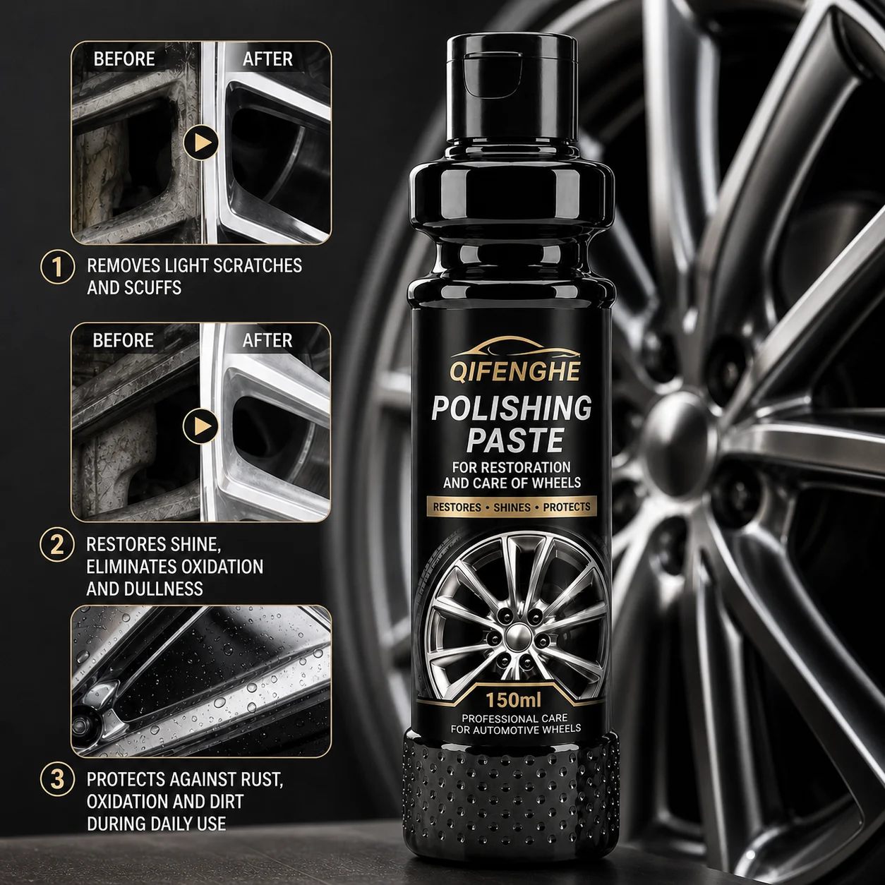 QIFENGHE Car Wheel Polishing Paste 150ml, Alloy Rim Restorer, Remove Light Scratches Oxidation Brake Dust, Anti‑Rust Protective