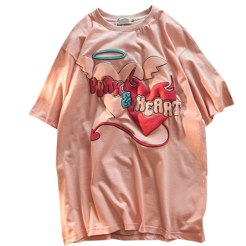 

New Product Summer Girly Style Women T Shirt Print Harajuku Wings Cartoon Flying Love Heart Pink Tees Loose Oversized Girl Tops