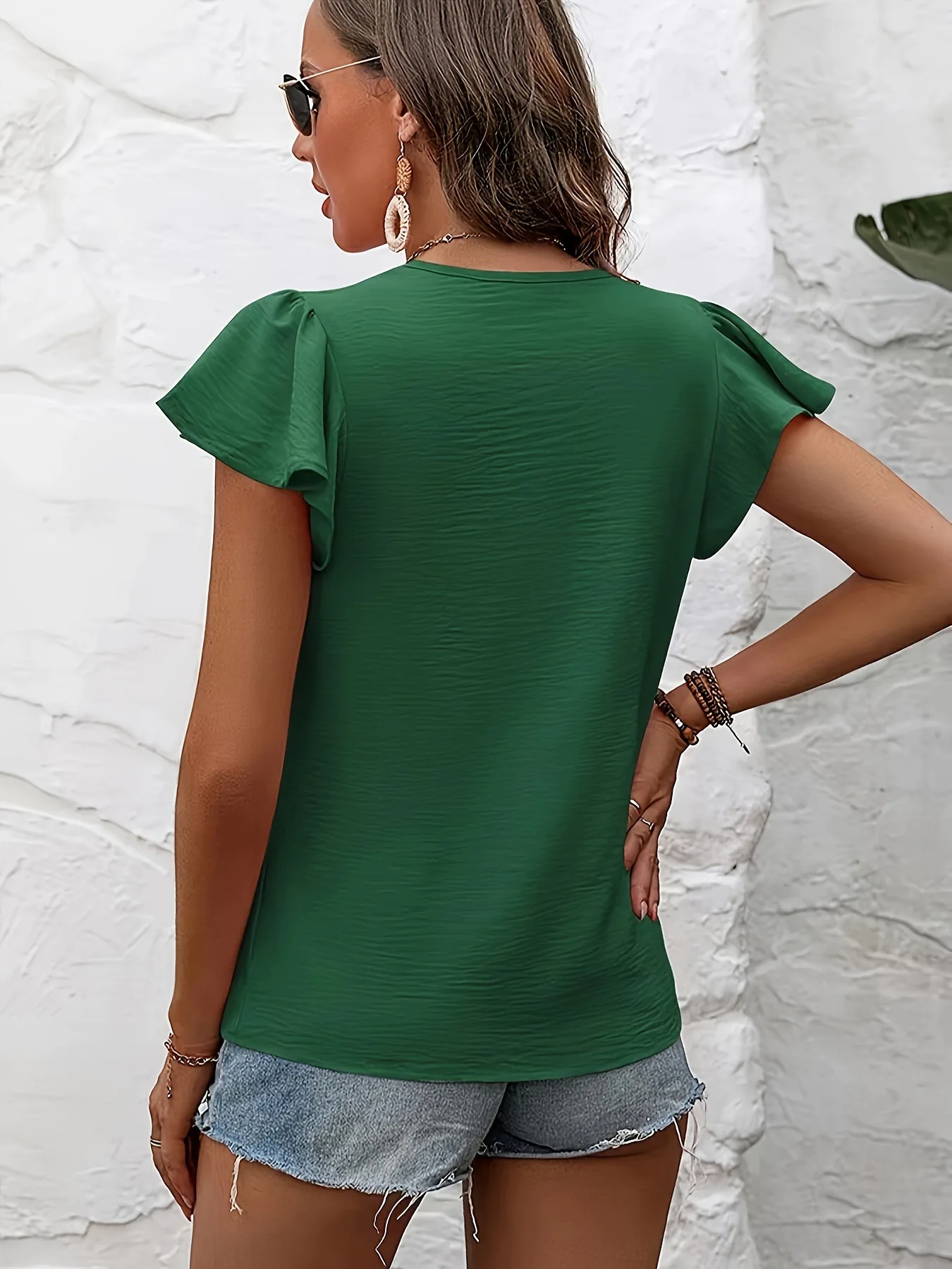 Women's Round Neck Lotus Leaf Sleeve T-shirt Short Sleeved Top, Suitable for Simple and Casual Wearing with Temperament