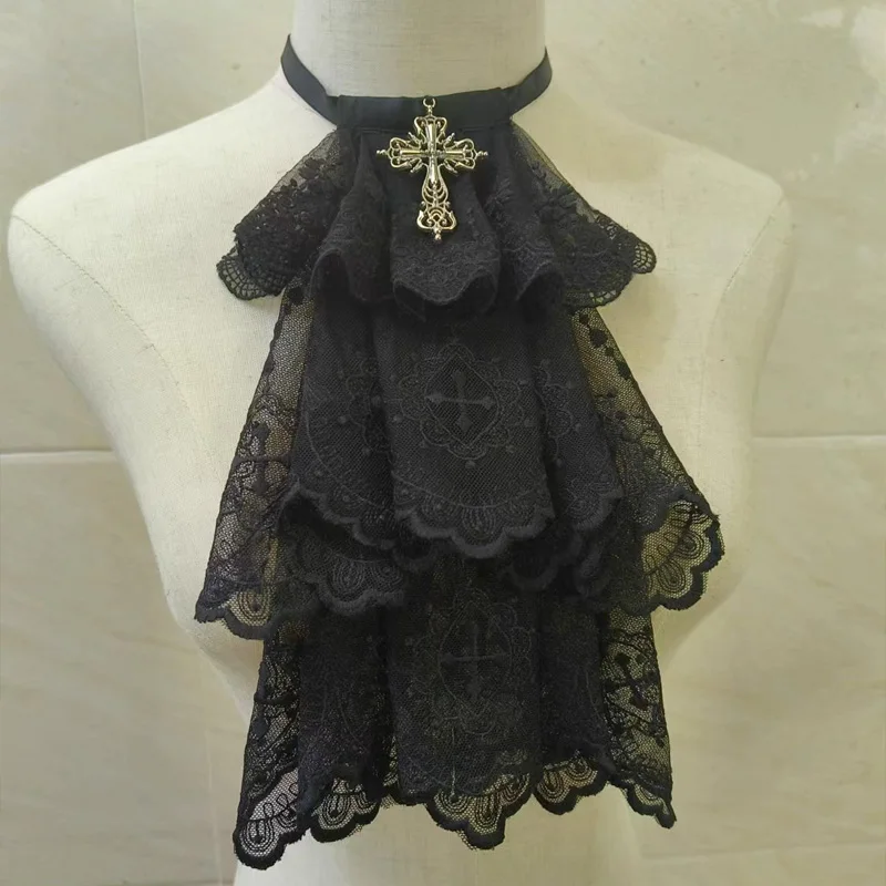 Ręcznie Robiony Elegancki Kołnierzyk Jabot z Koronkowym Krzyżem, Akcesoria Lolita, Gotycki Cosplay, Sztuczny Kołnierzyk, Warstwowy Kołnierzyk z Falbankami, Odpinany Kołnierzyk do Wiązania