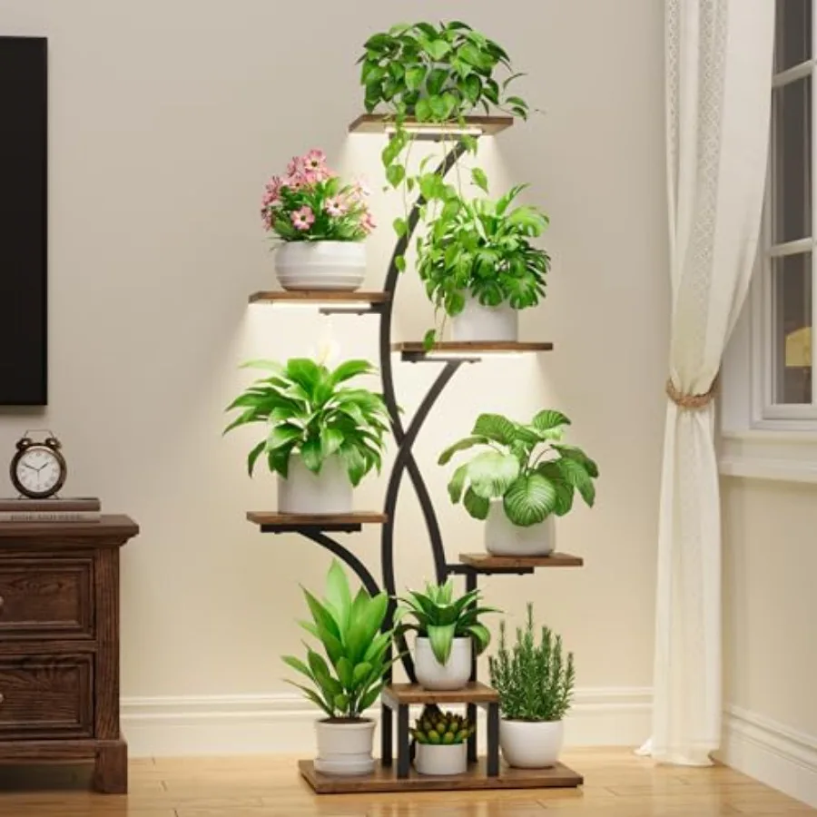 

Indoor plant stand with grow lights for living room and patio use, metal construction, black finish, 7-tier space-saving design