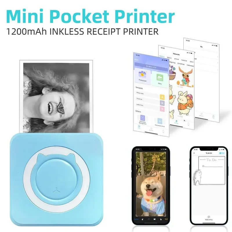 Portable Mini Thermal Printer Bluetooth Pocket Photo Label Maker for Kids Students Homework Wrong Question Correction