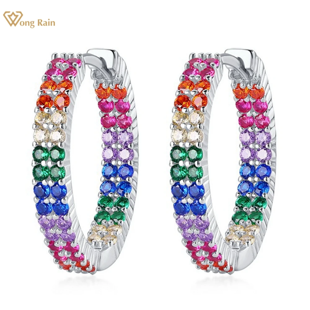 

Wong Rain 100% 925 Sterling Silver Colorful Lab Sapphire High Carbon Diamond Gemstone Hoop Earrings For Women Fine Jewelry Gifts