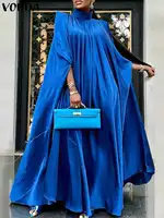 Plus Size 5XL VONDA Women Stand Collar Elegant Satin Dress Long Bat Sleeve Evening Pleated Maxi Sundress Casual Solid Party Robe - Image 2