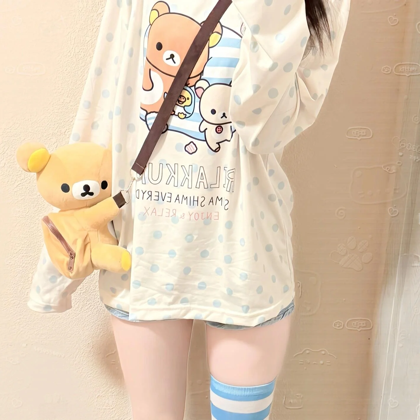 Cute Japanese Girl Long Sleeve Sleepwear Loose Home Bottoming Easy Bear T-shirt Comfortable Breathable Spring Seasonal Wear