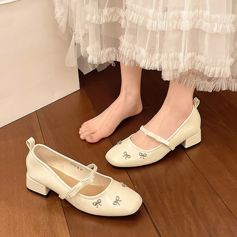 

New French Style Square Toe Bow Ballet Shoes Super Soft Block Heel Mary Jane Single Shoes for Women