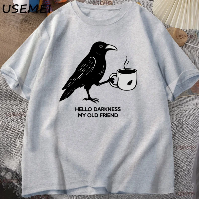 Black Crow Coffee Cup Graphic T Shirt Darkness  Letter Print Short Sleeve Cotton Unisex  Aesthetic Casual Streetwear T-shirt