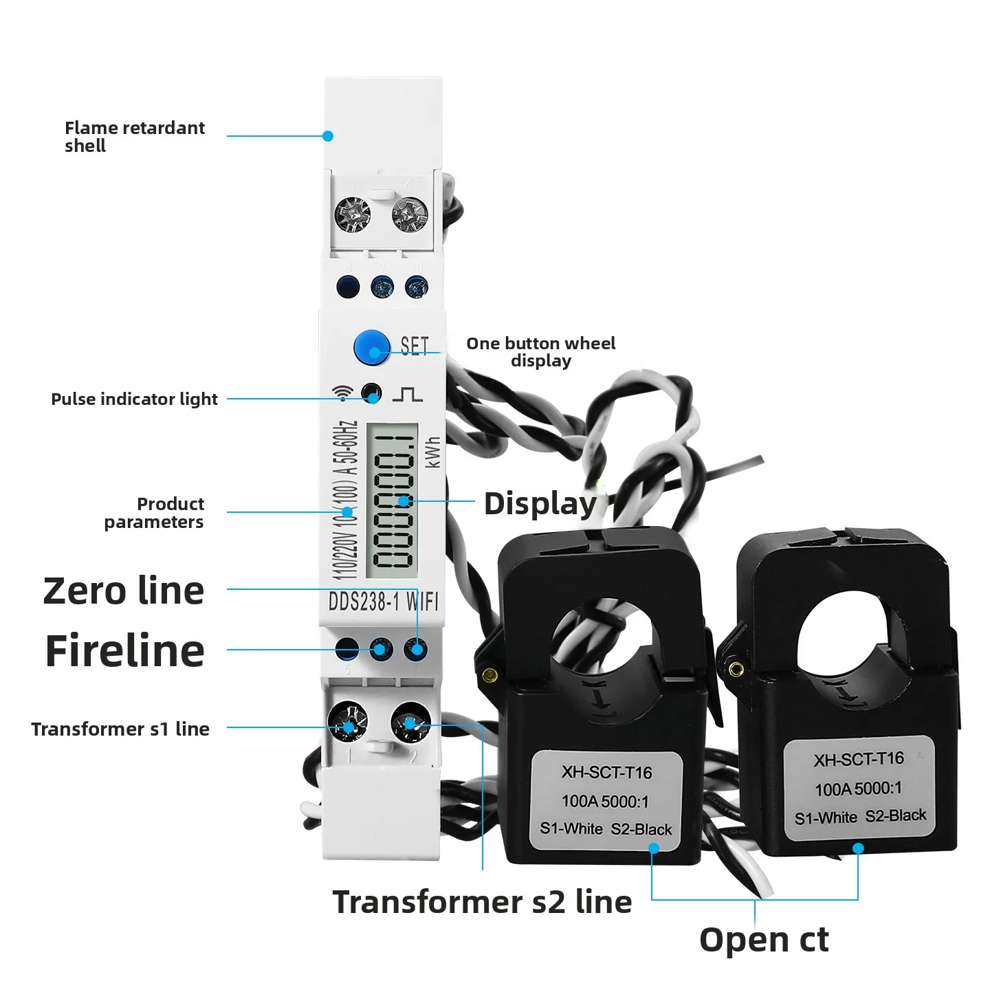 

DDS238-1 Wifi Smart Electricity Meter American Grid-Specific 3-Wire Open-Type Transformer Sampling Tuya App Energy Meters
