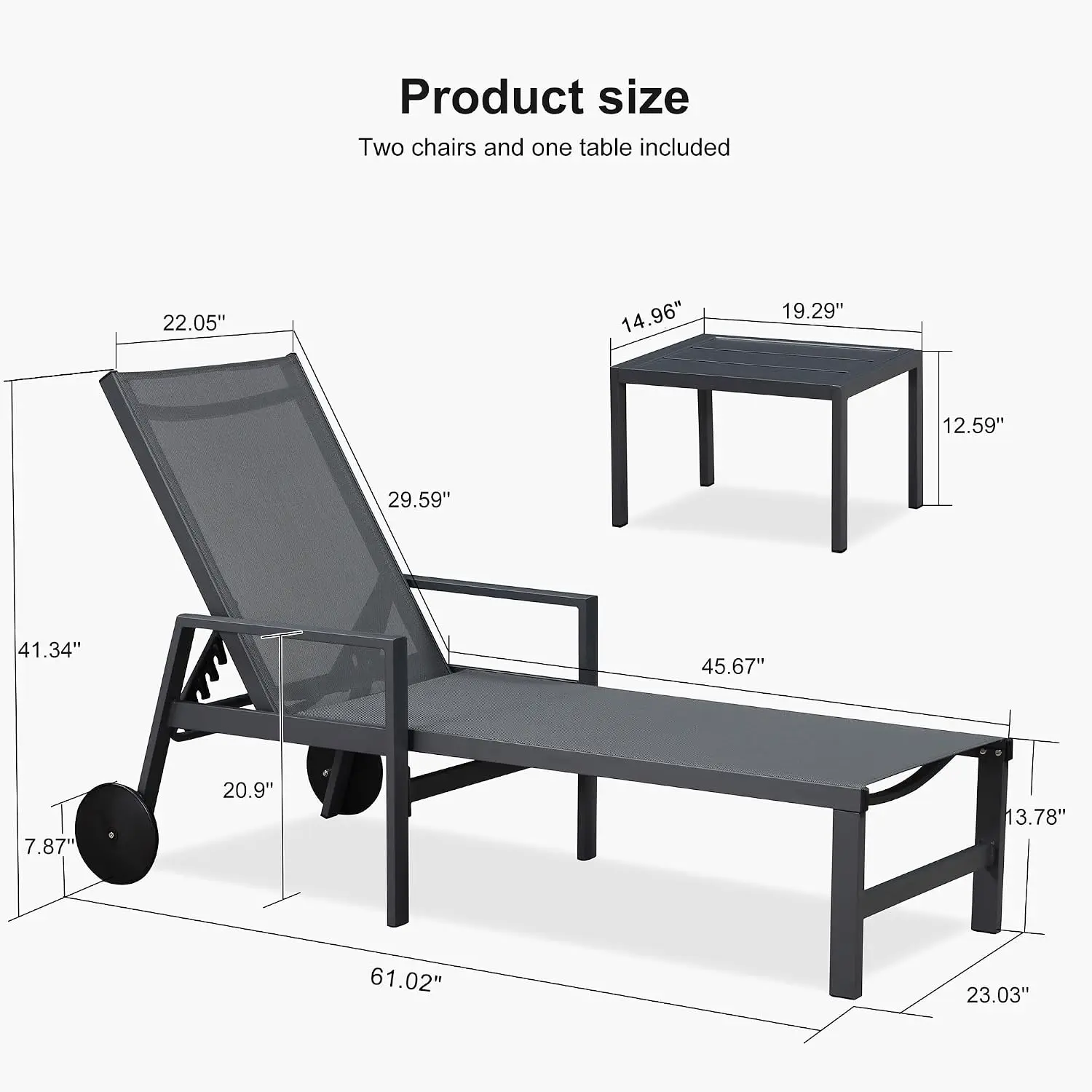 Outdoor Chaise Lounge Set for 2 with Armrest, Grey, Customized