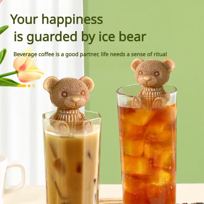 Zackoo 4Grid 3D Bear Ice Cube Tray Mould Home Frozen Coffee Milk Tea Ice Cream Maker Silicone Molds Pastry Kitchen Acceesories