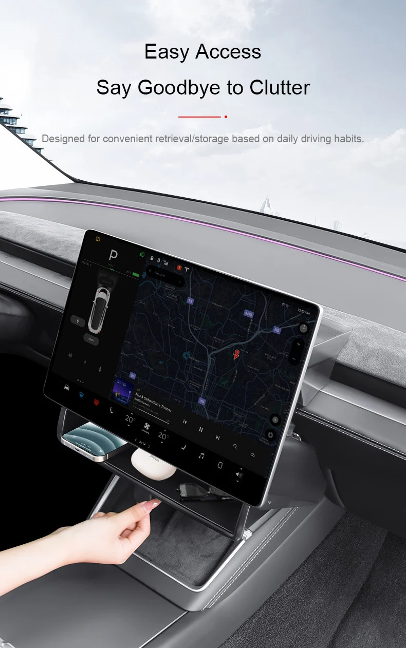 Kotak Penyimpanan Tersembunyi di Bawah Layar Mobil Tesla Model Y Juniper 2025, Kotak Penyimpanan Lipat Model 3 Highland, Kotak Penyimpanan Dashboard
